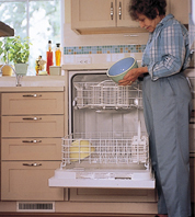 写真：出し入れが楽なように高めに設置された自動食器洗い機