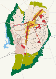 クリチバ市の都市軸　赤と黄色の部分がビジネスと商業の集積ゾーン。5本の都市軸にそって高層ビルが立ち並ぶように計画されている。